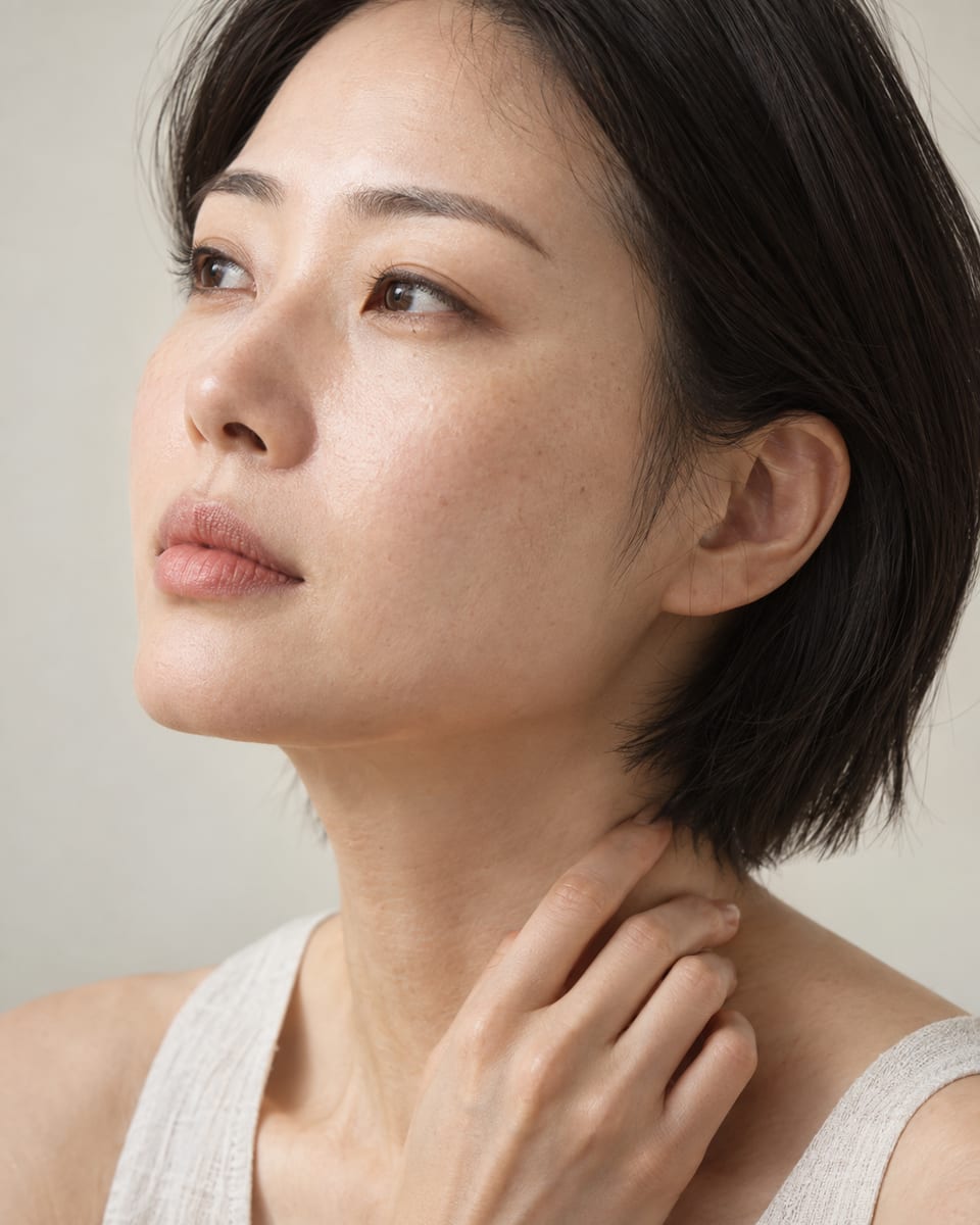 成年亞洲女性臉部與頸部自然肌膚紋理情境示意